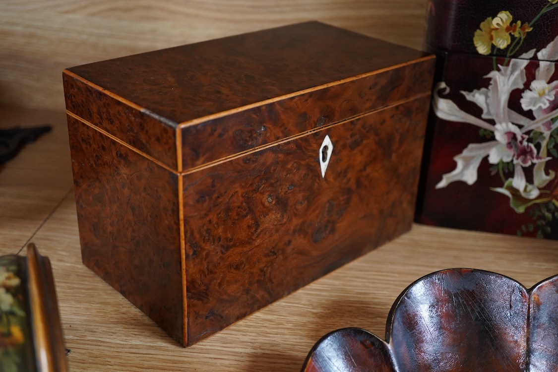 A group of collectables to include a gilt wall bracket, burr walnut tea caddy, lacquer wares etc.(7) Lacqured book box 18.5cm high.